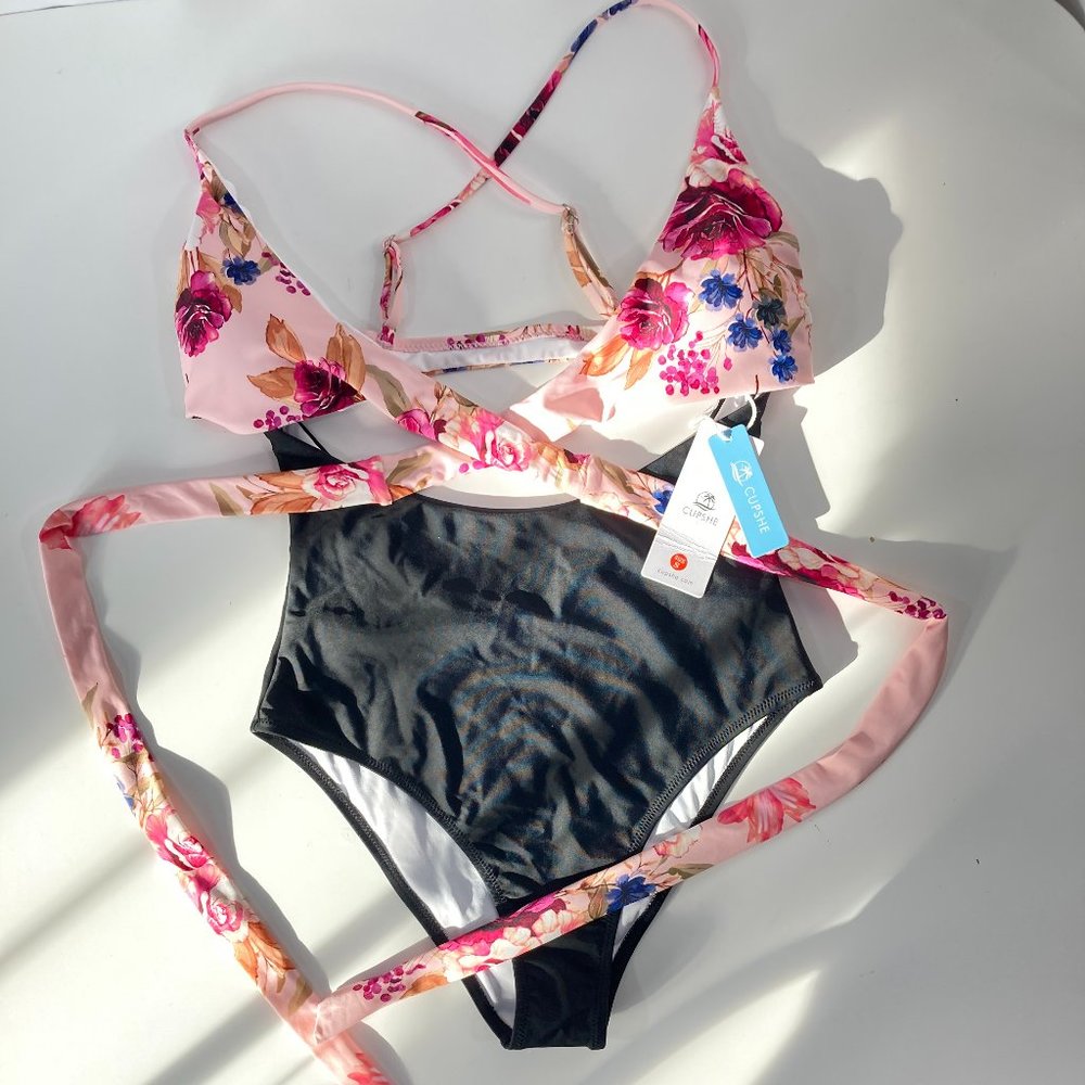 Cupshe  Floral and Black One-Piece Wrap around Swimsuit